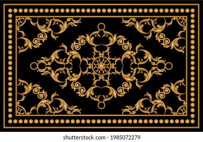 Golden baroque pattern for kilim rug, carpet. Rug, runner, mats, textile design. Geometric floral background. EPS10 Illustration.
