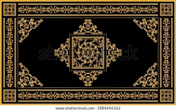 Golden baroque pattern for kilim rug,\
carpet. Rug, runner, mats, textile design. Geometric floral\
background. EPS10\
Illustration.