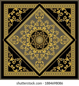 Goldenes Barockmuster auf schwarzem Hintergrund.Vektordesign für Modedrucke und Hintergründe.