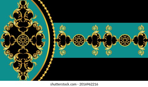 Patrón barroco dorado sobre negro. Ilustración vectorial.