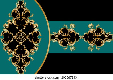 Patrón barroco dorado sobre negro. Ilustración vectorial.