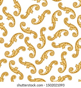 Golden Baroque scrolls seamless pattern on a white background. Fashionable silk textile print, Batik fashion ornament, wallpaper, wrapping paper