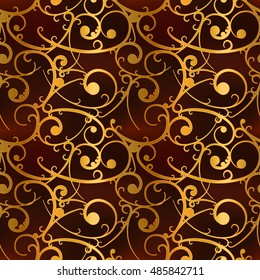 Golden baroque swirls on red, royal luxury seamless pattern