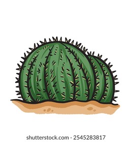 Golden barrel cactus plant colorful illustration drawing isolated on square white background. Simple flat outlined cartoon art styled drawing.