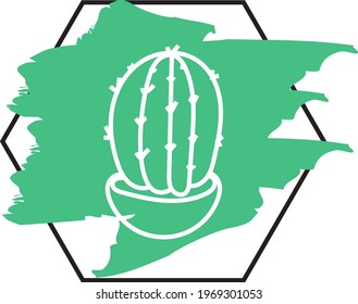 Golden barrel cactus in a pot, icon illustration, vector on white background