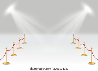 Golden barrier walk for winner spot with festive illumination, spotlight. Empty corridor for ceremony guests. 3d illuminated space for celebration. Vector illustration