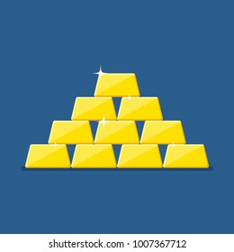 Golden bars pyramid isolated on blue background. Gold bar in flat style. Vector illustration