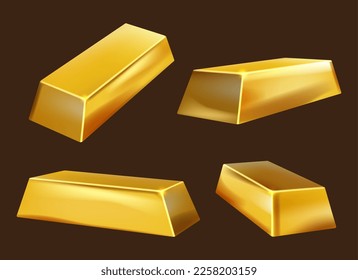 Golden bars. Yellow realistic bricks money luxury symbols decent vector gold pictures