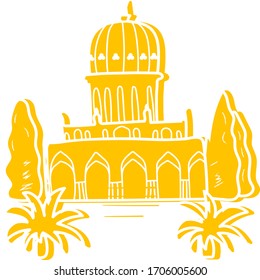 Golden basilica silhouette standing near palms and cypresses trees vector.