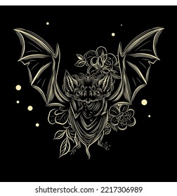 golden bat on a black background. Cool print for a t-shirt.