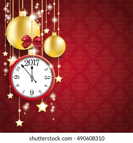 Golden baubles with clock and date 2017 on the red background. Eps 10 vector file.