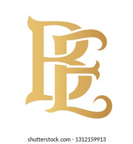 Golden BE monogram isolated in white.