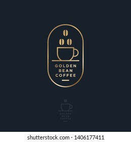 Golden Bean Coffee logo. Coffee emblem. Cup, coffee beans and letters in a rounded frame. Emblem like a stamp. Business card.