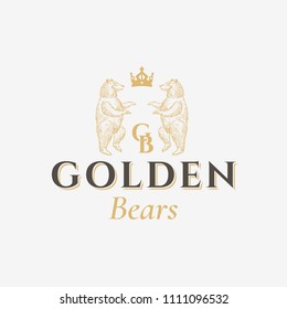 Golden Bears Abstract Vector Sign, Symbol or Logo Template. Hand Drawn Bear Sillhouettes with Classy Retro Typography. Vintage Heraldry Vector Crest or Emblem. Isolated.