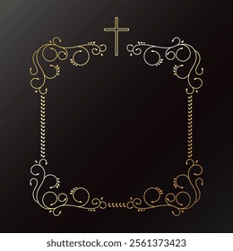 Golden beautiful frame with Christian cross and plant ornament