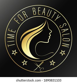 Perfil de chica dorado para salón de belleza y símbolo estilista de peinado