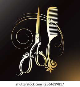 Golden beautiful patterned scissors and comb