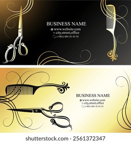 Golden beautiful scissors comb and lock of hair, business card