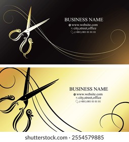 Golden beautiful scissors and lock of hair, business card