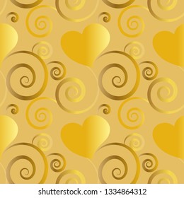 golden beautiful seamless pattern tile with hearts and flourish designs for festive surface designs, textiles, fabric, backgrounds, wrapping paper, gift cards, invitations, weddings and wallpapers