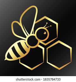 Golden bee in flight and honeycomb symbol