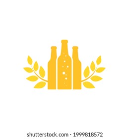 Golden beer or ale bottle with wheat or rye laurel. Bar, pub, brew symbol. Alcohol, drinks shop, stor, menu item icon. Vector illustration isolated on white.