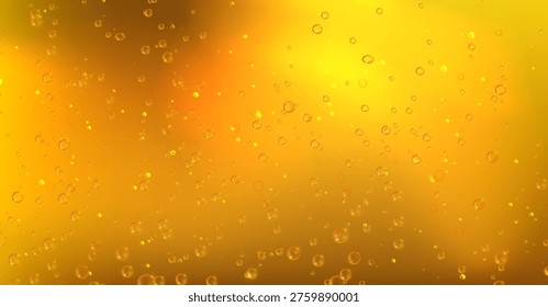 Golden beer with bubbles closeup view, realistic lager texture with rising air bubbles. Vector illustration of fresh carbonated amber color drink