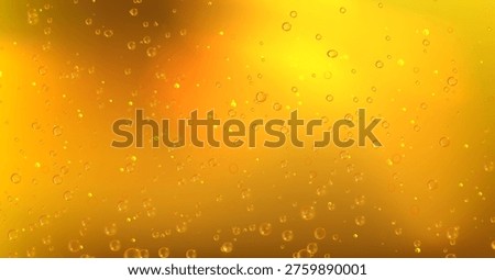 Golden beer with bubbles closeup view, realistic lager texture with rising air bubbles. Vector illustration of fresh carbonated amber color drink