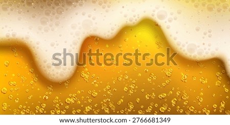 Golden beer with bubbles and foam closeup view, realistic lager texture with rising air bubbles. Vector illustration of fresh carbonated amber color drink