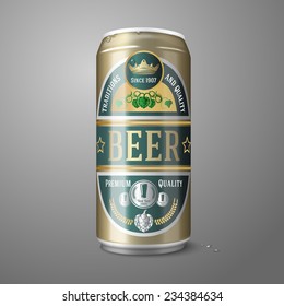 Golden Beer Can With Beer Label, Isolated On Gray Background, With Place For Your Design And Branding. Vector