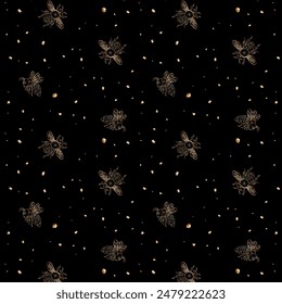 Golden bees on a black background.Vector seamless pattern with golden bees and decoration on a black background.