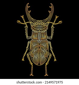 A golden beetle in a linear style. Linear vector illustration of a golden beetle.