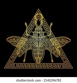 A golden beetle in a golden triangular frame in the Greek style. Linear vector illustration of a golden beetle.