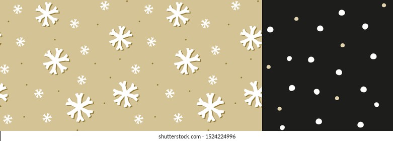 Golden beige and black winter snowflake seamless pattern set for gift wrapping. Abstract Christmas, New Year snow scandi design with minimalist symbols and shapes. Simple scandinavian print.