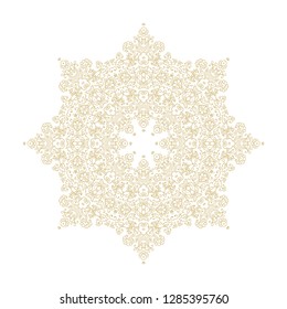 Golden- beige ornamental floral rosette - mandala on white background, intricate stamp design, kalamkari