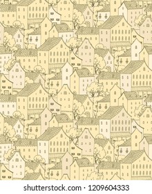 Golden - beige seamless vector pattern with classic european houses