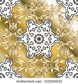 Golden beige and white floral ornament in baroque style. Damask pattern repeating background. Antique golden repeatable wallpaper.Golden element on beige and white colors.