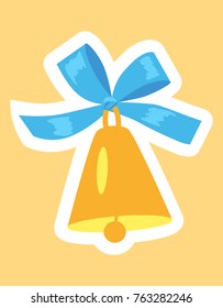Golden bell with blue ribbon and white framing vector illustration isolated on yellow background. Decorative symbol of first lesson and Christmas toy