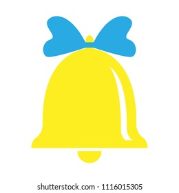 Golden bell with blue ribbons. Vector illustration.