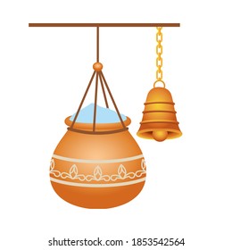 golden bell and ceramic pot with powder hanging hindu decoration vector illustration design