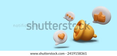 Golden bell, comment, thumbs up, heart. Positive speech bubbles