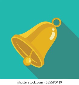 Golden bell flat style with long shadow isolated on green background. Bell vector sign symbol