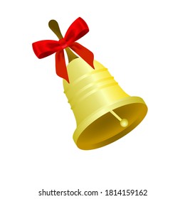 Golden bell with a bell handle with a beautiful red bow, vector illustration on a white background