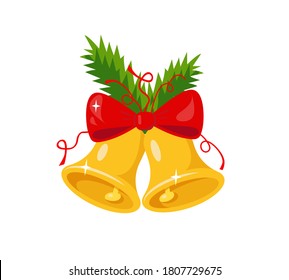 Campana dorada aislada en un fondo blanco.  Banda del arco rojo y ramas verdes del símbolo de Navidad y Año Nuevo. La Decoración Tradicional De Las Vacaciones. Ilustración vectorial.