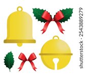 Golden Bell and Jingle Bell with Holly Leaves and Red Bow for Personalization. Transparent Background.