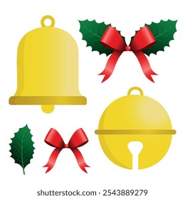 Golden Bell und Jingle Bell mit Holly Blätter und Red Bow für Personalisierung. transparenter Hintergrund.