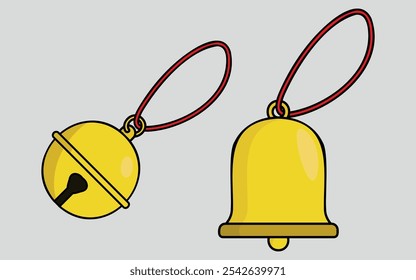 Golden Bell and Jingle Bell Vector with Red String. Illustration with Black Outline.