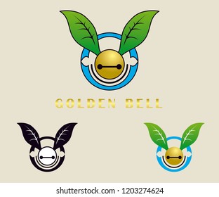 Golden Bell with Leaf Vector Logo Template