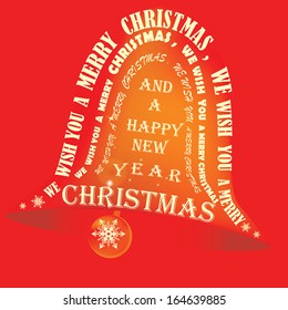 Golden bell on a red background with words of Christmas carrol and song on it