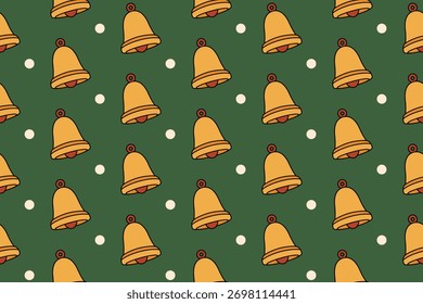 Golden bell pattern on green background for Christmas wrapping and decoration. Festive bell seamless design with snow dots for cards and packaging. Bell seamless pattern in cute flat vector style
